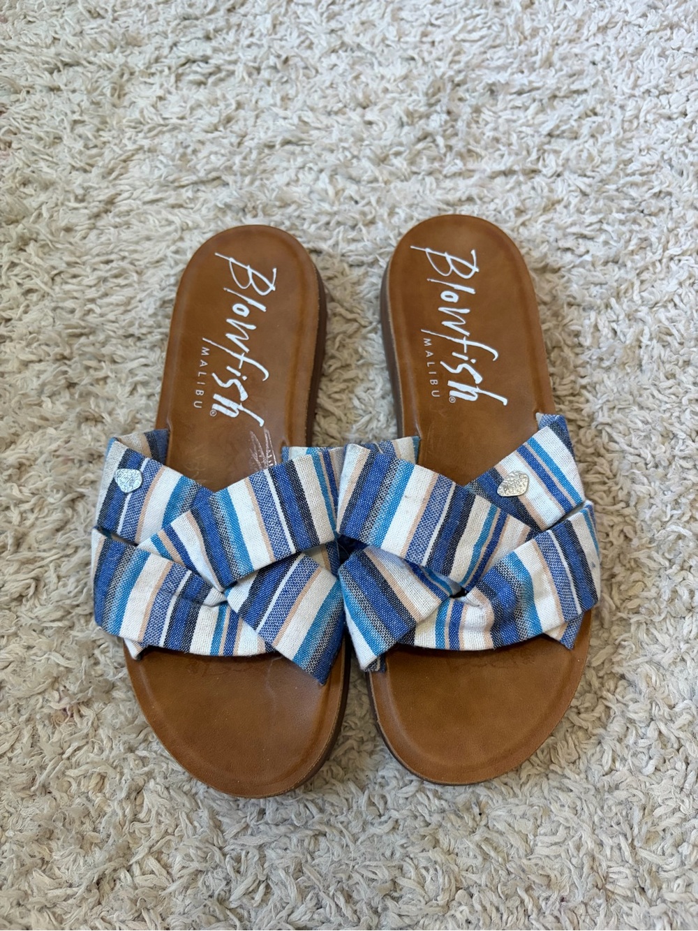 Blowfish Striped Blue and White Twisted Slide Sandals